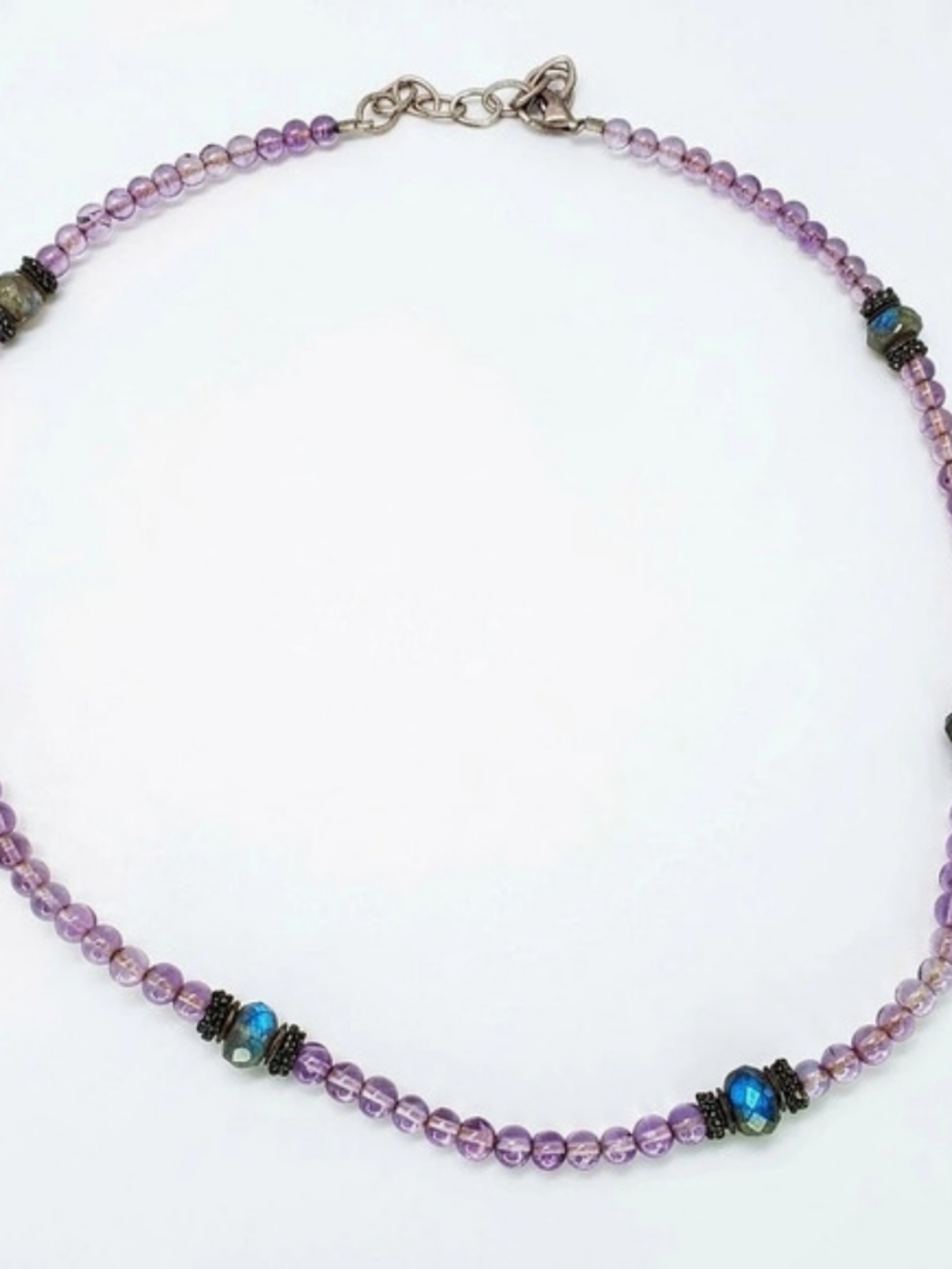 Vtg 925 Sterling Silver Amethyst Labradorite Bead Gemstone Station Necklace 18"